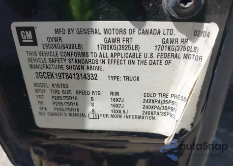 2004 Chevrolet Silverado 1500 Z71 from USA, damaged, VIN 2GCEK19T841314332